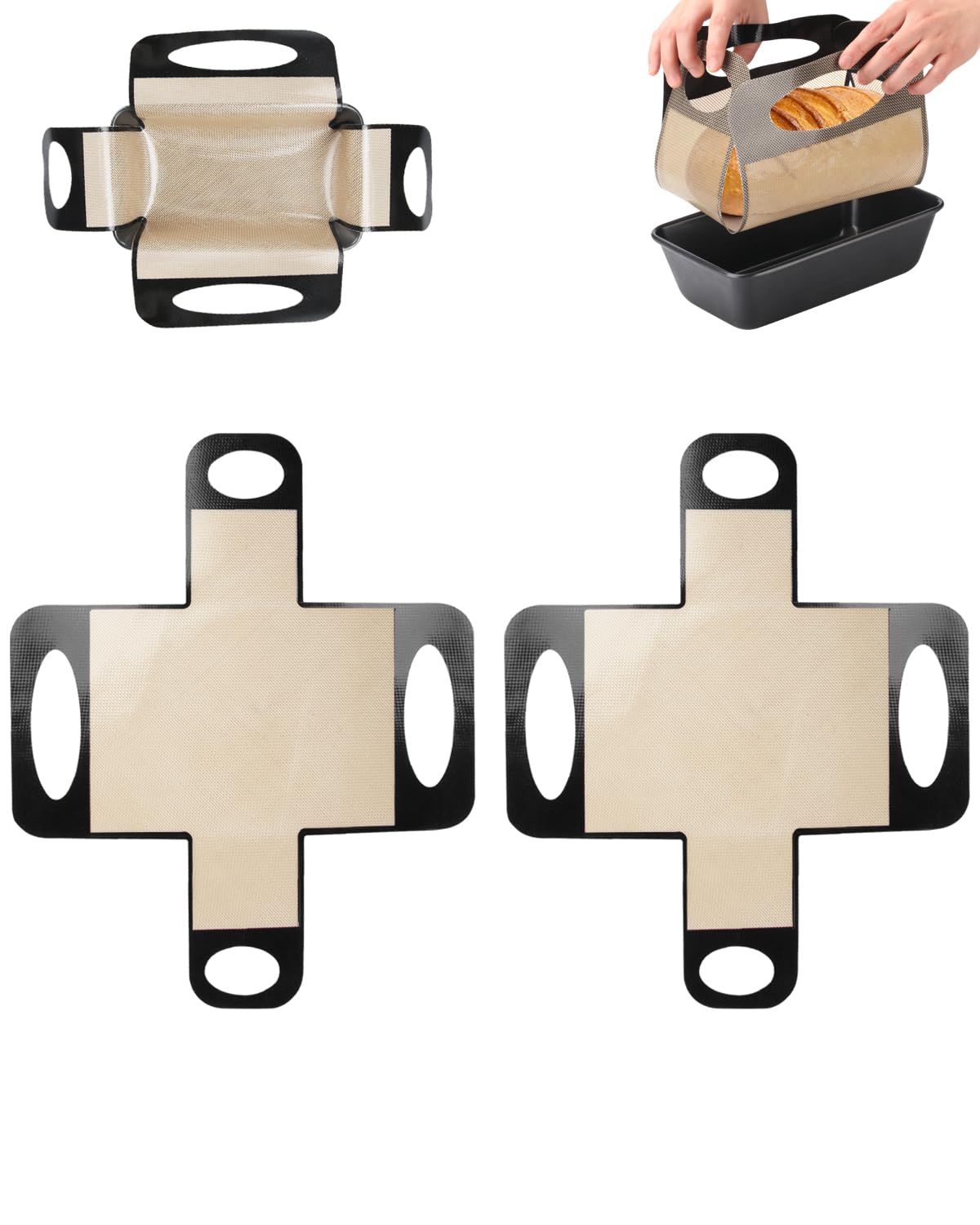 Reusable Silicone Bread Loaf Pan Liner, Food-Grade Silicone Bread Sling, Loaf Pan Lifters - Non-Stick & Easy Clean Dough Transfer Tool with 4 Handles - Best Fits 9x5" or 1.5lb Loaf Pans - Pack of 2