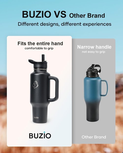 BUZIO Insulated Water Bottle - 40oz Metal Travel Tumbler with Handle & Flip Straw | Leakproof & Dishwasher Safe, Black