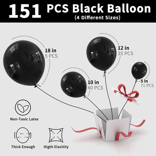 Labeol Black Halloween Balloons - 151PCS Latex Balloon Garland Kit | 5-18 Inch for Parties & Events