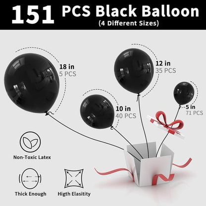 Labeol Black Halloween Balloons - 151PCS Latex Balloon Garland Kit | 5-18 Inch for Parties & Events
