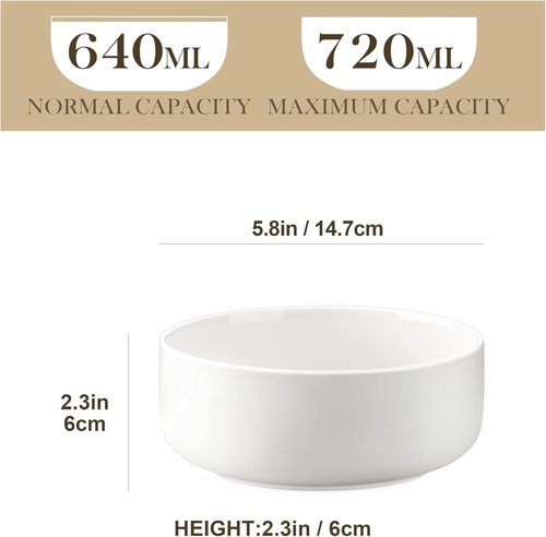MALACASA 24 OZ Ceramic Cereal Bowls - Set of 4 Dishwasher & Microwave Safe | White LUNA Series