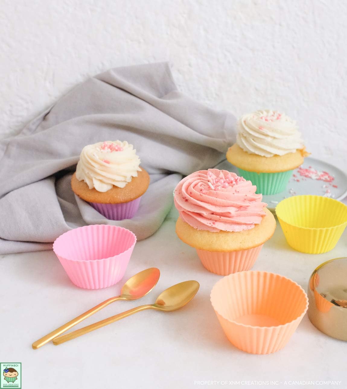 XNM Creations Silicone Cupcake & Muffin Liner Molds - Premium Grade Baking Cups, Pastel, Pack of 24