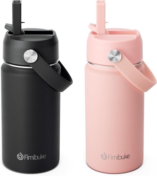 Fimibuke Kids Insulated Water Bottle - 14oz BPA-Free Double Wall Tumbler | Leak-Proof with Straw (2 Pack, Midnight Rose)