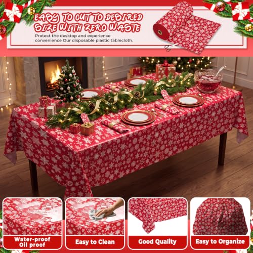 Christmas Disposable Plastic Tablecloth Roll 54 Inch x 300 Feet with Snowflake Pattern - Red