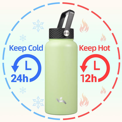 Skiennix 32 oz Insulated Stainless Steel Water Bottle - Sport Bottle with 3 Lids | Macaron Green