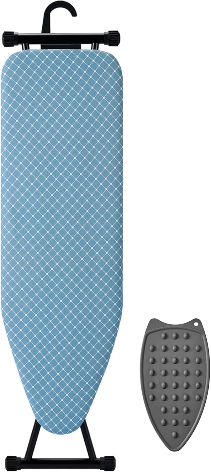 BKTD Compact Ironing Board - Adjustable Height, Heat Resistant Surface | Space-Saving 13 x 43 in Diagonal Checkered Blue