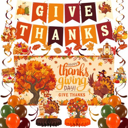 Thanksgiving Decorations Kit with Give Thanks Banner, Balloons & Backdrop - Fall Harvest Celebration Set