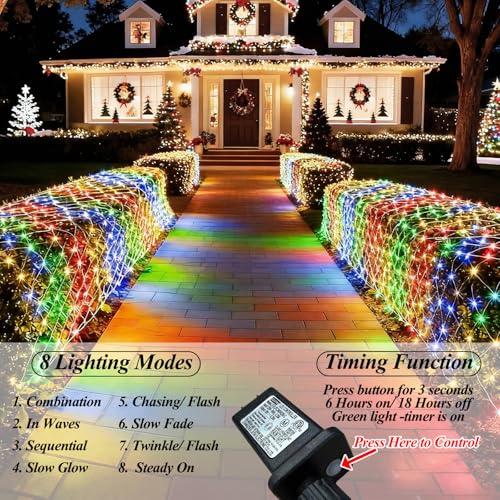 Multicolor 510 LED Christmas Net Lights 28ft x 5ft Waterproof Mesh Lights, 8 Modes, Connectable, Clear Wire