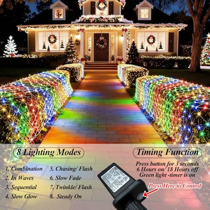 Multicolor 510 LED Christmas Net Lights 28ft x 5ft Waterproof Mesh Lights, 8 Modes, Connectable, Clear Wire