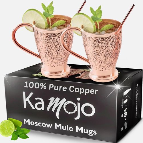 Kamojo Moscow Mule Copper Mugs Set of 2 with Unique Handcrafted Embossed Design with Anti-Tarnish Food-Grade Coating - Copper Cups Gift Set with 4 Straws & Recipe E-Book, 16 oz