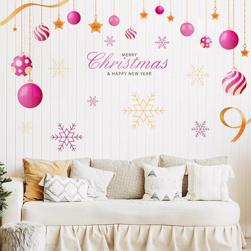 Pink Christmas Wall Decals - 47.24 x 31.49 in with Light Balls & Snowflakes, Removable Art Decor (Variation: Pink Christmas-2)