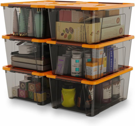 WYT 5-Quart Storage Container Bin - Durable Plastic with Orange Lid & Black Latch | 6-Pack