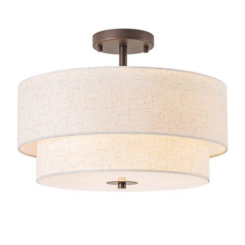 Bargeni 16" Semi Flush Mount Ceiling Light, 3-Light Drum Ceiling Light Fixture, Oil Rubbed Bronze with Double Linen Fabric Shade, Modern Light Fixtures Ceiling Mount for Bedroom, Living Room, Entryway