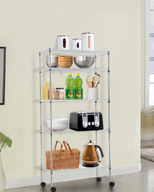 BestOffice Heavy-Duty 5-Tier Wire Shelving Unit - Adjustable Metal Storage Rack with Wheels, 14"x30"x60", Chrome