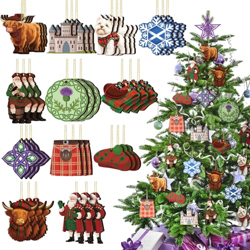 Scottish Wooden Christmas Ornaments Set - 36 Pcs Highland Celtic Decor