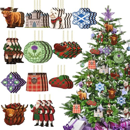 Scottish Wooden Christmas Ornaments Set - 36 Pcs Highland Celtic Decor