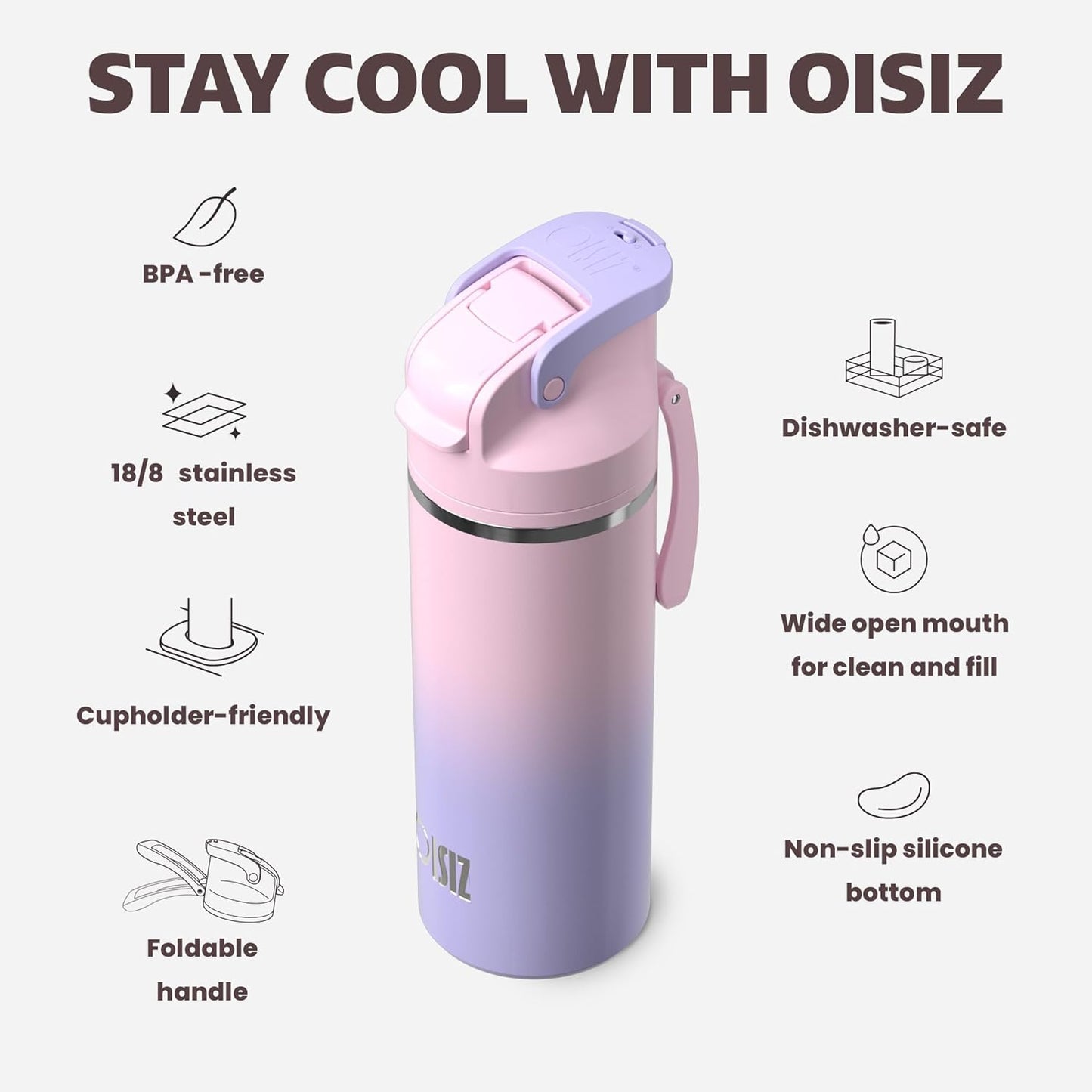 OISIZ Insulated Water Bottle - 20 oz Vacuum Stainless Steel with 2-in-1 Spout & Straw Lid | 100% Leakproof, Keeps Cold 24H