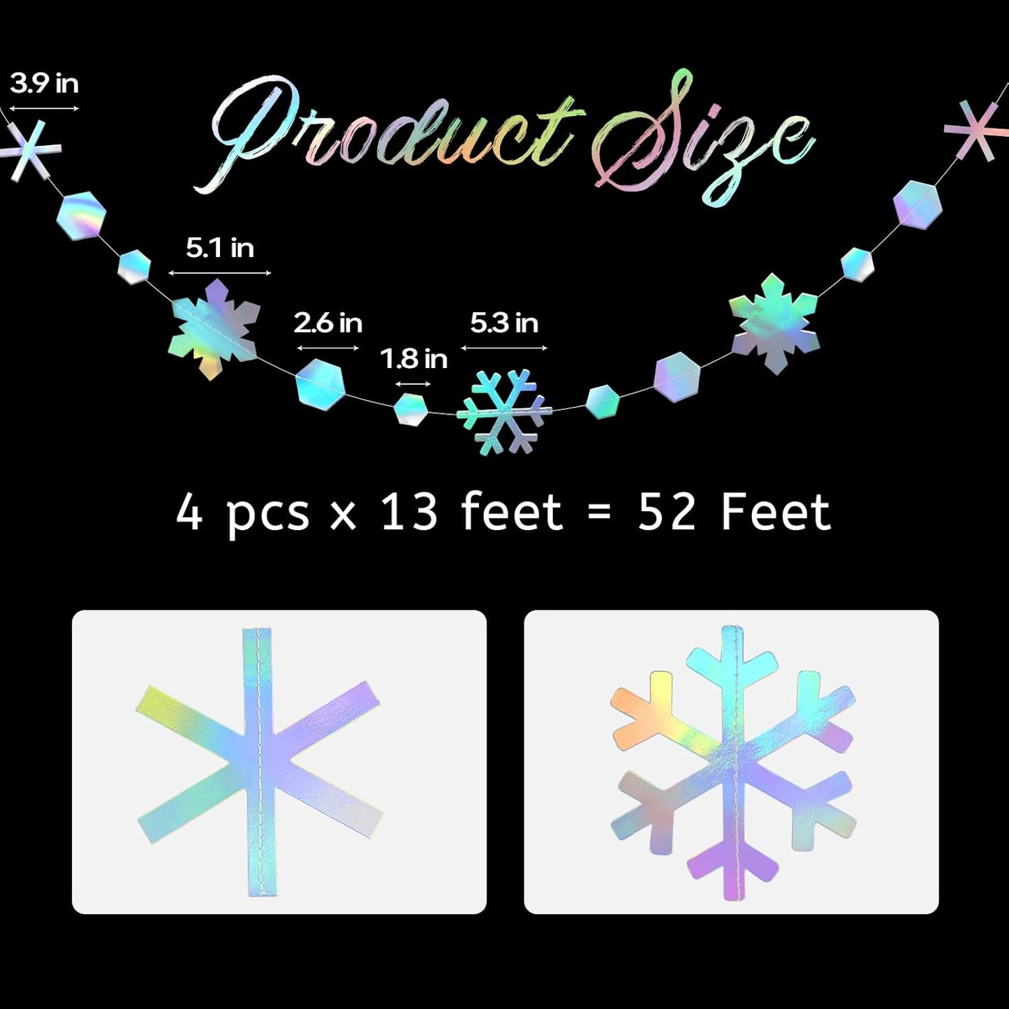 Skiennix 52 Ft Snowflake Garland Decorations - Holographic Twinkle Hanging Streamer for Events