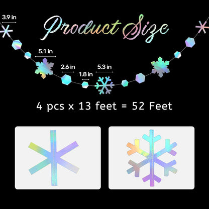 Skiennix 52 Ft Snowflake Garland Decorations - Holographic Twinkle Hanging Streamer for Events