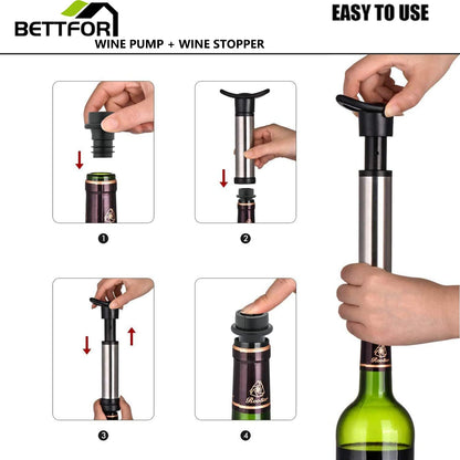 Wine Pump with 4 Vacuum Wine Stoppers Silicone Wine Bottle Stoppers, Leak proof,Keep Fresh, Healthy Material, Easy to use, Suitable for Most Wine Bottles (Wine Pump + 4 stoppers)