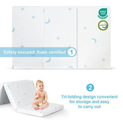 PanKers Portable Trifold Pack and Play Mattress 38"x26", Foldable Travel Crib Mattress, Dual Sided Memory Foam Pack n Play Mattresses Pad with Carrying Bag Removable Cover