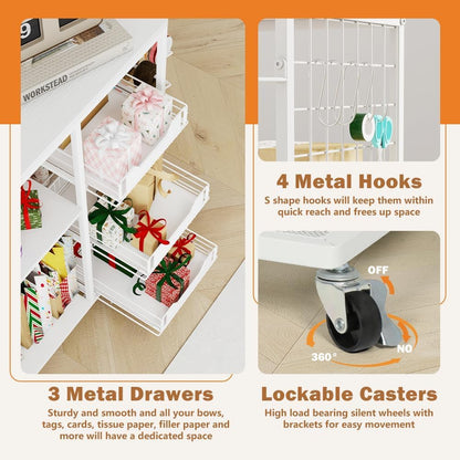 Skiennix Wrapping Paper Organizer - Rolling Gift Wrap Cart with 20 Roll Holders & 3 Drawers, White