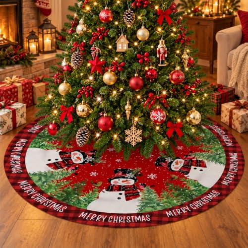 Christmas Tree Skirt 48 Inch Red Buffalo Plaid Snowman Holiday Decor