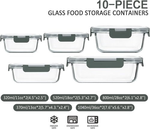 MCIRCO 10-Pack Glass Food Storage Containers - Airtight Meal Prep Bento Boxes | Microwave & Oven Safe