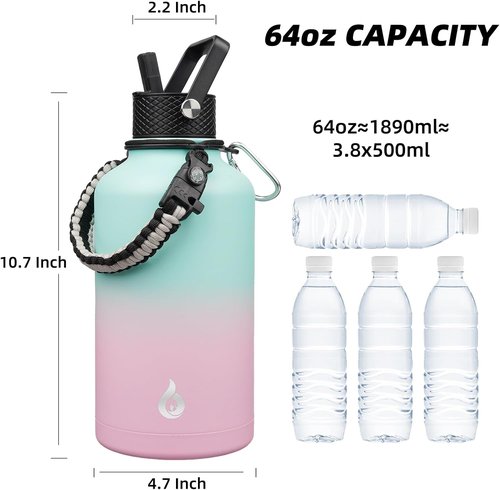 BJPKPK Half Gallon Insulated Water Bottle - 64oz Stainless Steel with 3 Lids & Paracord Strap | Marshmallow Color