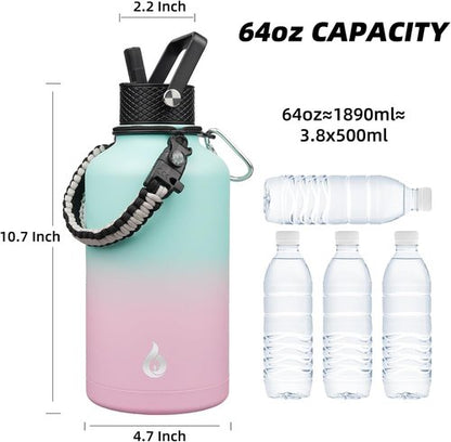 BJPKPK Half Gallon Insulated Water Bottle - 64oz Stainless Steel with 3 Lids & Paracord Strap | Marshmallow Color