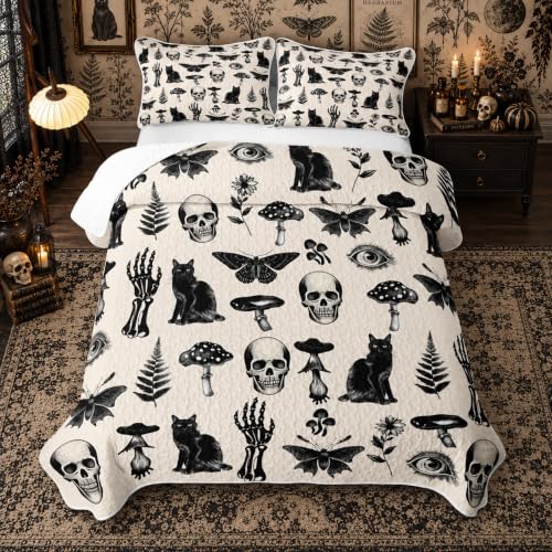 Feelyou Halloween Goth Skull Quilt Set with Black and White Variation Queen Bedding