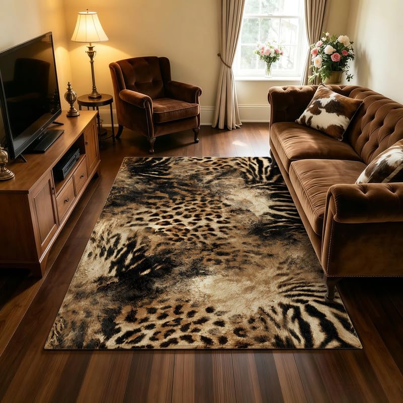 Leopard Area Rug with Non-Slip Backing - 4x6 Faux Animal Print for Living Room