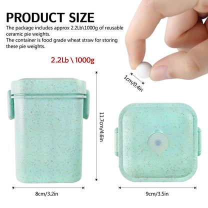 Ceramic Baking Beads Pie Weights Reusable 10mm Natural Pie Beads Ceramic Stoneware with Wheat Straw Container 35 Oz Total (2.2Lb|1000g) (Green)