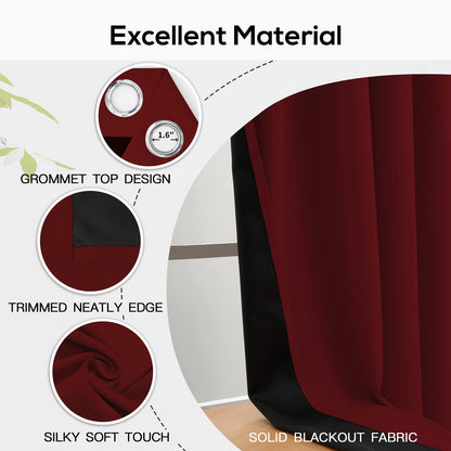 Yakamok 100% Blackout Curtains for Bedroom 2 Panels - Completely Blackout Window Drapes Thermal Insulate Window Panels with Black Backing for Living Room, Grommet Top (38 by 84 inches, Burgundy Red)