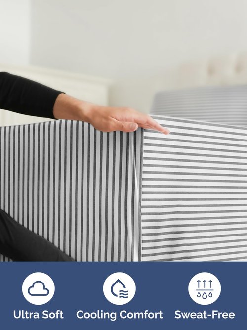 Extra Deep Split King Fitted Sheet - Hotel Luxury Single Fitted Sheet Only - Easily Fits 18 inch to 24 inch Mattress - Ultra Soft, Wrinkle Free w/Extra Deep Pocket - Breathable & Comfy - Grey Stripes