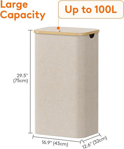 Lifewit 100L Laundry Basket - Foldable Hamper with Lid & Bamboo Handles | Beige, Large Capacity