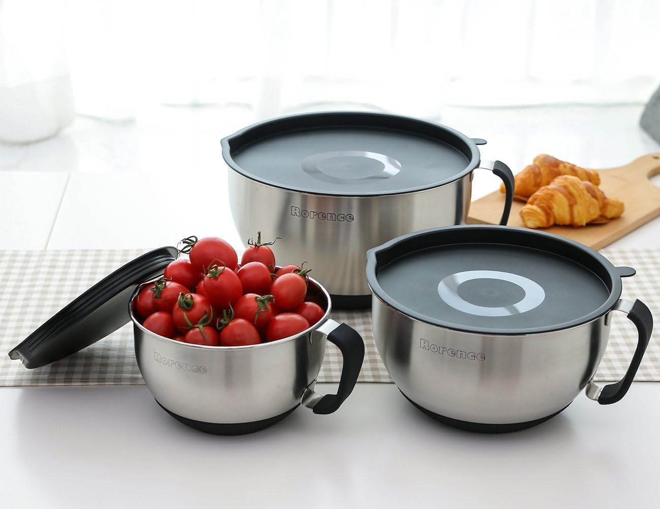 Rorence Stainless Steel Mixing Bowls - Non-Slip Design With Pour Spout, Handle & Lid | Set of 3, Black