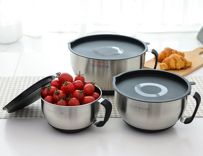 Rorence Stainless Steel Mixing Bowls - Non-Slip Design With Pour Spout, Handle & Lid | Set of 3, Black