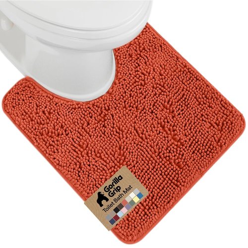 GORILLA GRIP Plush Absorbent Shaggy Chenille Bath Rug Mat for Oval Toilet Base with Rubber Backing, Machine Washable Rugs, Soft Microfiber Contour Mats for Toilets, Bathroom Decor, Coral
