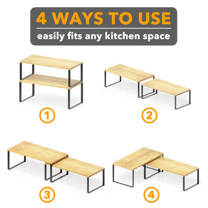 SpaceAid Cabinet Shelf Organizers 2 Pack, Kitchen Counter Rack Shelves Riser, Stackable Expandable Spice Rack, Pantry Cupboard Storage Organization (Black and Natural, Long)
