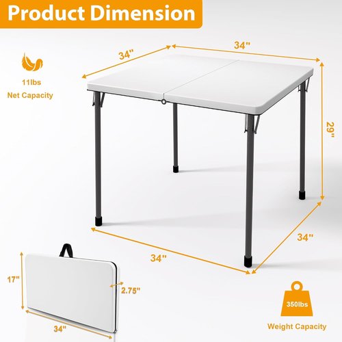 Kasunpul 34" Folding Table - Portable Square Card Table with Collapsible Legs & Carrying Handle | Ideal for Camping, Picnics, Office, and Parties - White