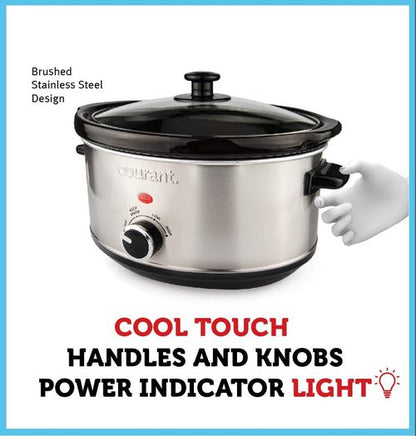Courant Oval Slow Cooker - 3.5 Quart Dishwasher Safe Pot with Easy Options | Stainless Steel Finish