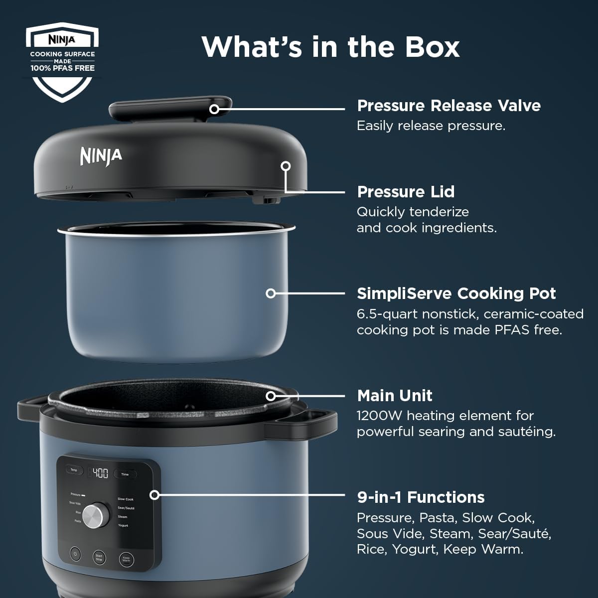 Ninja HyperHeat 9-in-1 Pressure Cooker - 6.5-Qt Multi-Function with SimpliServe Pot | 1200-Watt Power | Blue Macaron