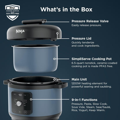 Ninja HyperHeat 9-in-1 Pressure Cooker - 6.5-Qt Multi-Function with SimpliServe Pot | 1200-Watt Power | Blue Macaron