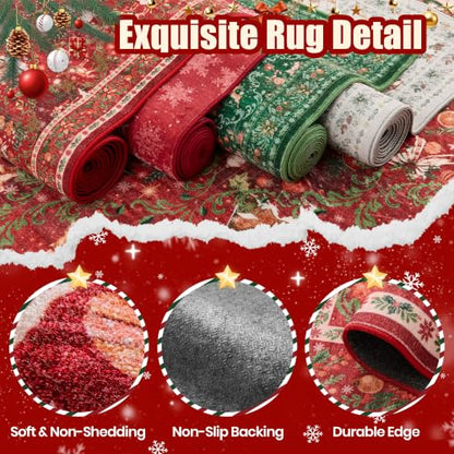 3x8 Red Christmas Runner Rug for Hallway & Kitchen Washable Non-Slip