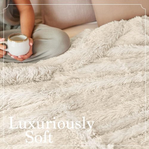 Connecticut Home Co Throw Blanket - Soft Fluffy Cozy Decor | 65x50 Cream Shag & Sherpa