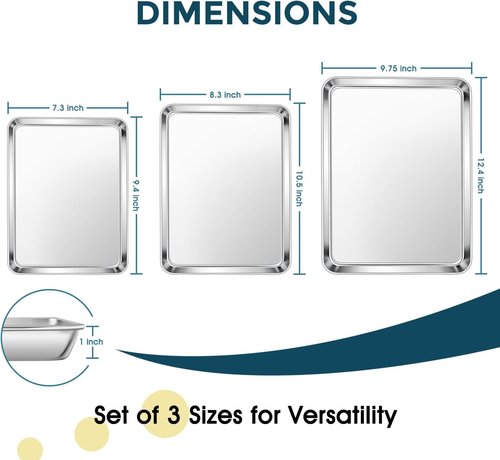 E-far Stainless Steel Baking Sheet Set - 3 Sizes (12.4”, 10.5”, 9.4”) | Non-Toxic, Dishwasher Safe Cookie Trays