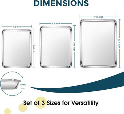 E-far Stainless Steel Baking Sheet Set - 3 Sizes (12.4”, 10.5”, 9.4”) | Non-Toxic, Dishwasher Safe Cookie Trays