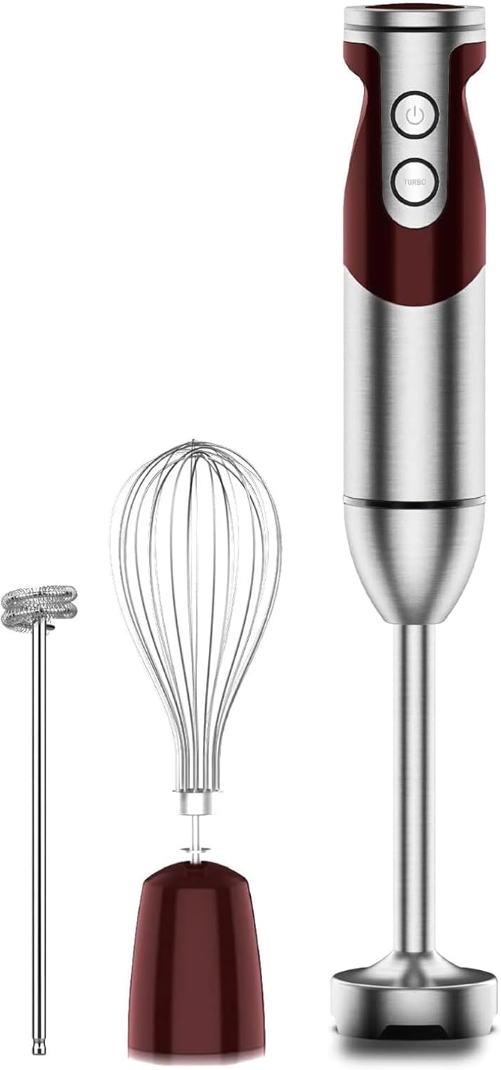 MegaWise Pro 3-in-1 Immersion Hand Blender - Powerful 12-Speed Motor, Titanium Reinforced Blades, Red