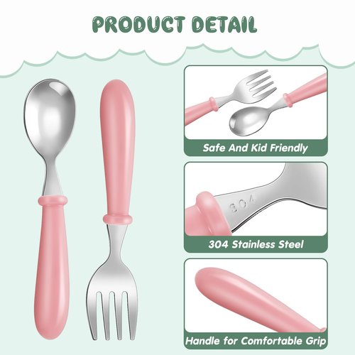 Dandat 48 Pcs Toddler Utensils Kids Silverware Set Stainless Steel Baby Forks and Spoons Toddler Safe Flatware Metal Kids Cutlery with Round Thick Grip Handles for Self Feeding, Dishwasher Safe